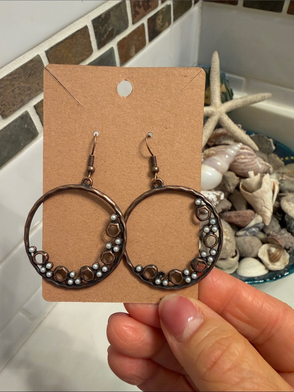 Copper Hoop Earrings with White Pearl Accents - Women Jewelry